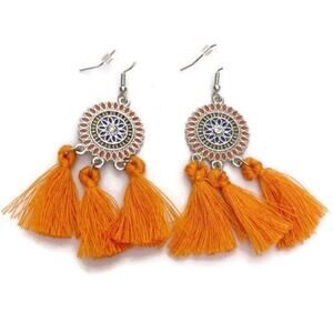 Orange Round Tassel Drop Earrings Rhinestone & Silver‑Tone Hardware NWOT